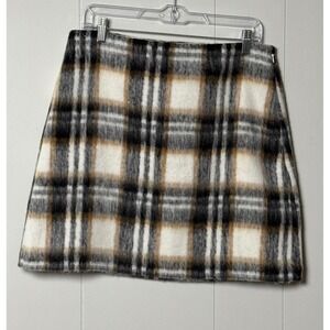 LOFT Women's Plaid Mini Skirt Brushed Wool Blend Tan Black Cream A-Line Size 10